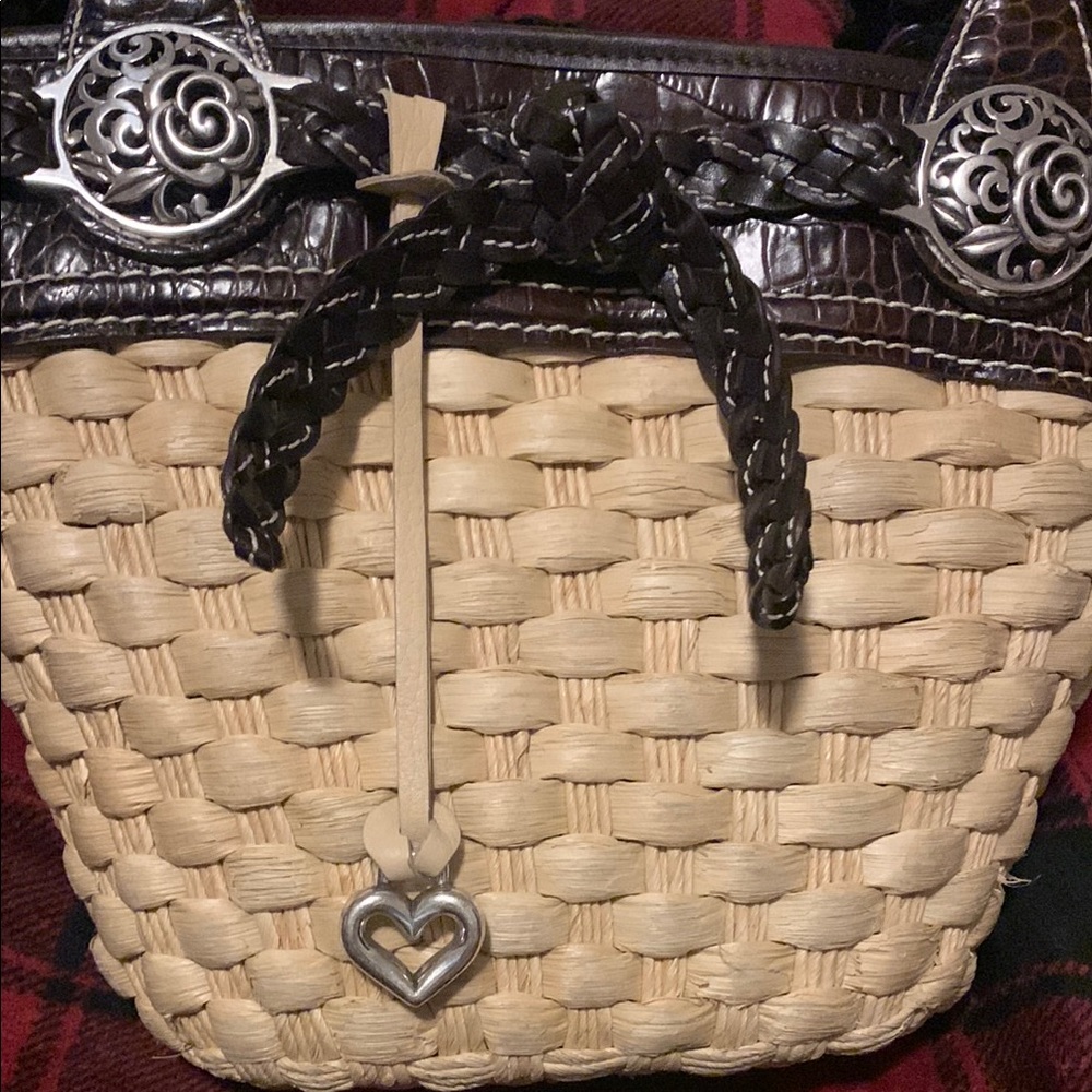 Brighton Candace Straw & leather Shoulder bag double heart charm double straps